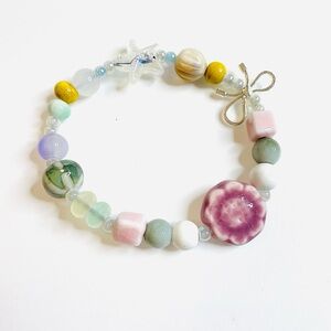 Pink Flower Bracelet Mauve Blue Purple Green Ceramic Beads Silver Stretchy